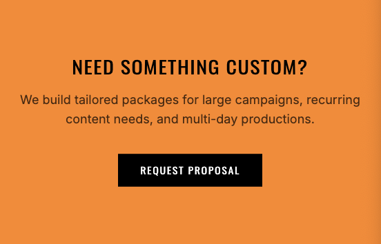Orange advertisement panel asking if you need something custom, with text about building tailored packages for campaigns and content needs, and a black button labeled 'Request Proposal'.