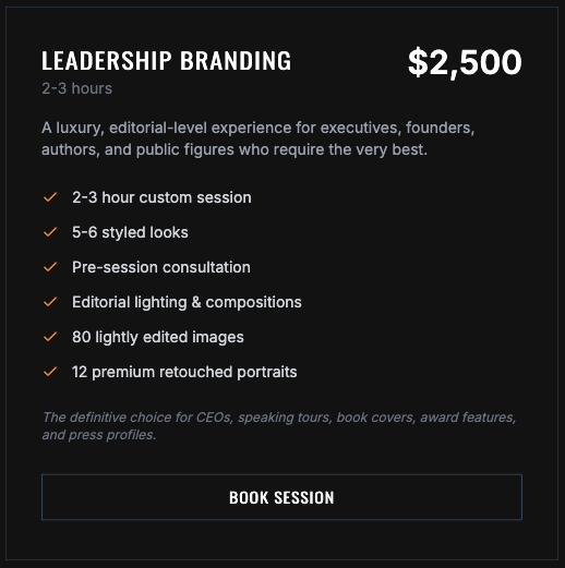 A promotional advertisement for leadership branding services, offering a 2-3 hour custom session for $2,500. It includes styled looks, pre-session consultation, editorial lighting, lightly edited images, and premium retouched portraits, targeting executives and public figures.