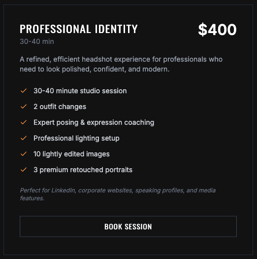 Offer for professional headshot studio session priced at $400, lasting 30 to 40 minutes, includes outfit changes, coaching, professional lighting, edited images, and retouched portraits, suitable for LinkedIn and media features.