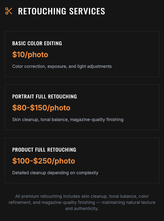 Retouching services menu listing basic color editing for $10 per photo, portrait full retouching from $80 to $150 per photo, and product full retouching from $100 to $250 per photo, with descriptions of each service.