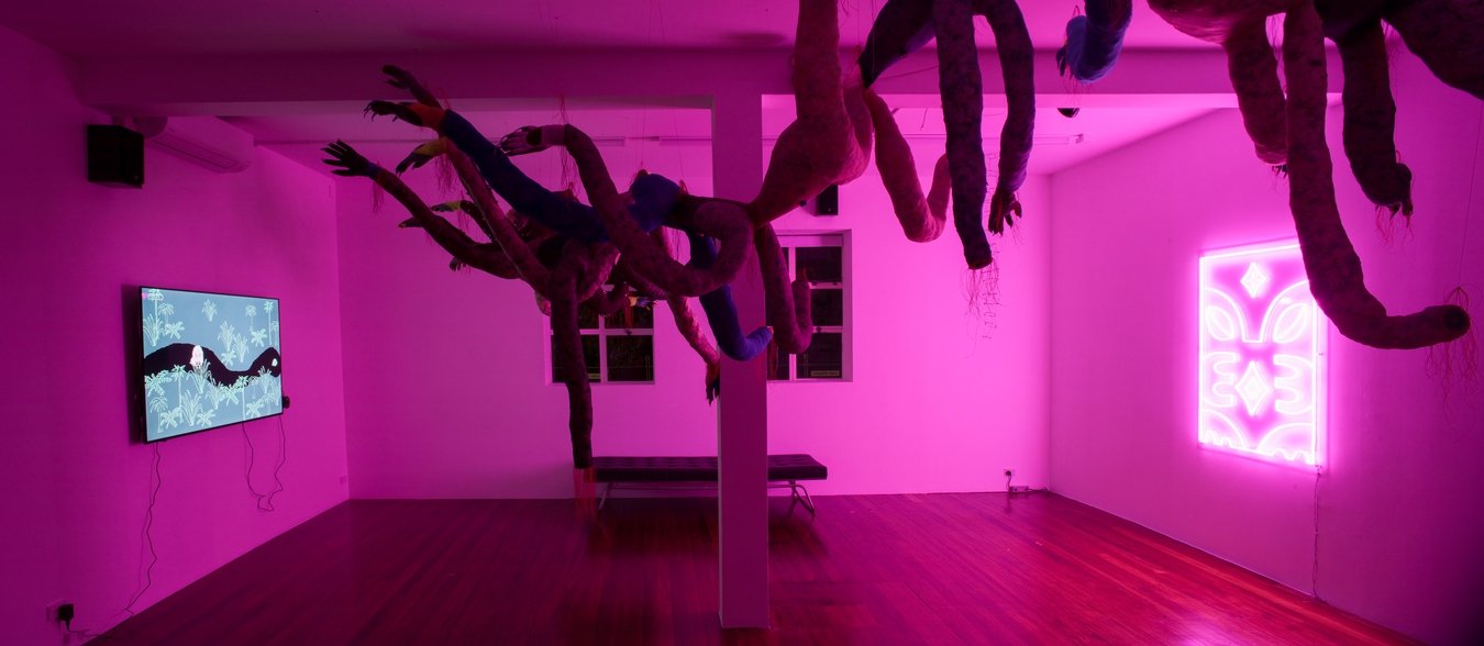Installation view of Te Puku o te Taniwha at The Physics Room, 2023