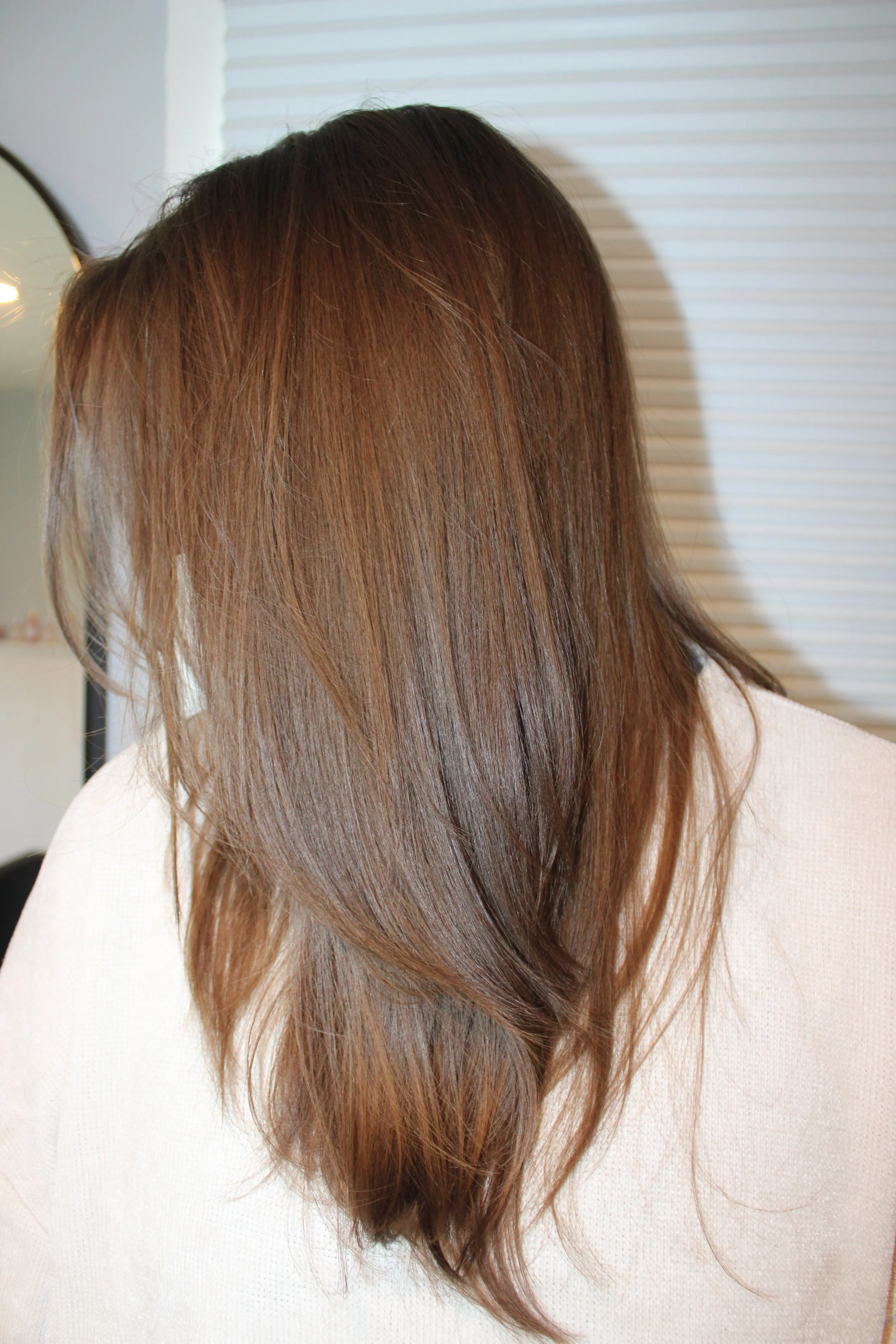 A person with long, straight, brown hair, facing away, with a mirror and window blinds in the background.