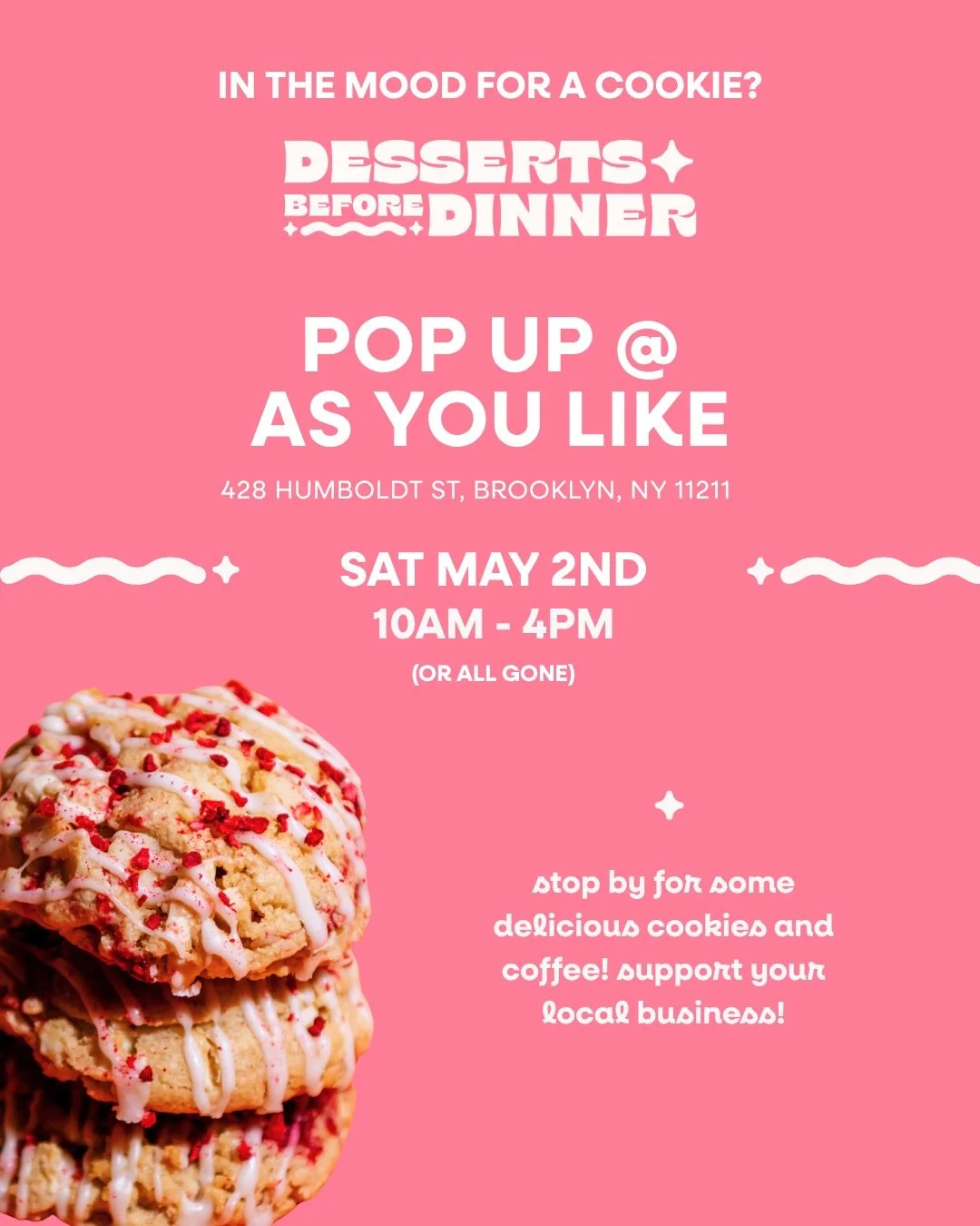 hi y&rsquo;all 

we&rsquo;ll be at asyoulike in williamsburg this saturday. it&rsquo;s one of the coziest cafes in the neighborhood and we&rsquo;re so excited to be there. come say hi, grab some cookies, get a coffee, stay a while.

quantities are go