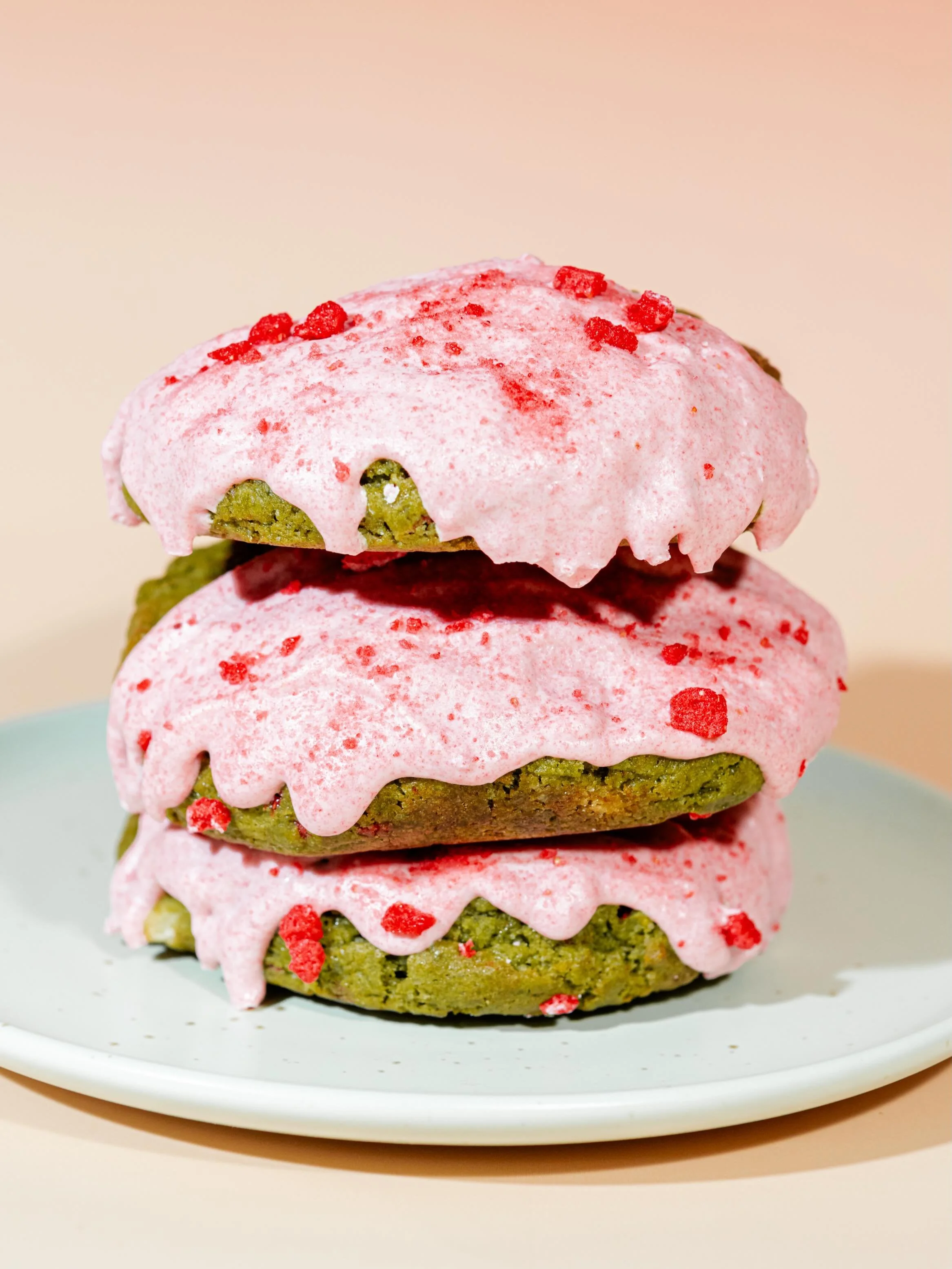 i&rsquo;m not really a matcha person, but i made a matcha cookie 🍵

took some time to get it right. if matcha isn&rsquo;t your thing you&rsquo;ll probably still like it. if you love matcha you&rsquo;re going to love it. coated in our own strawberry 