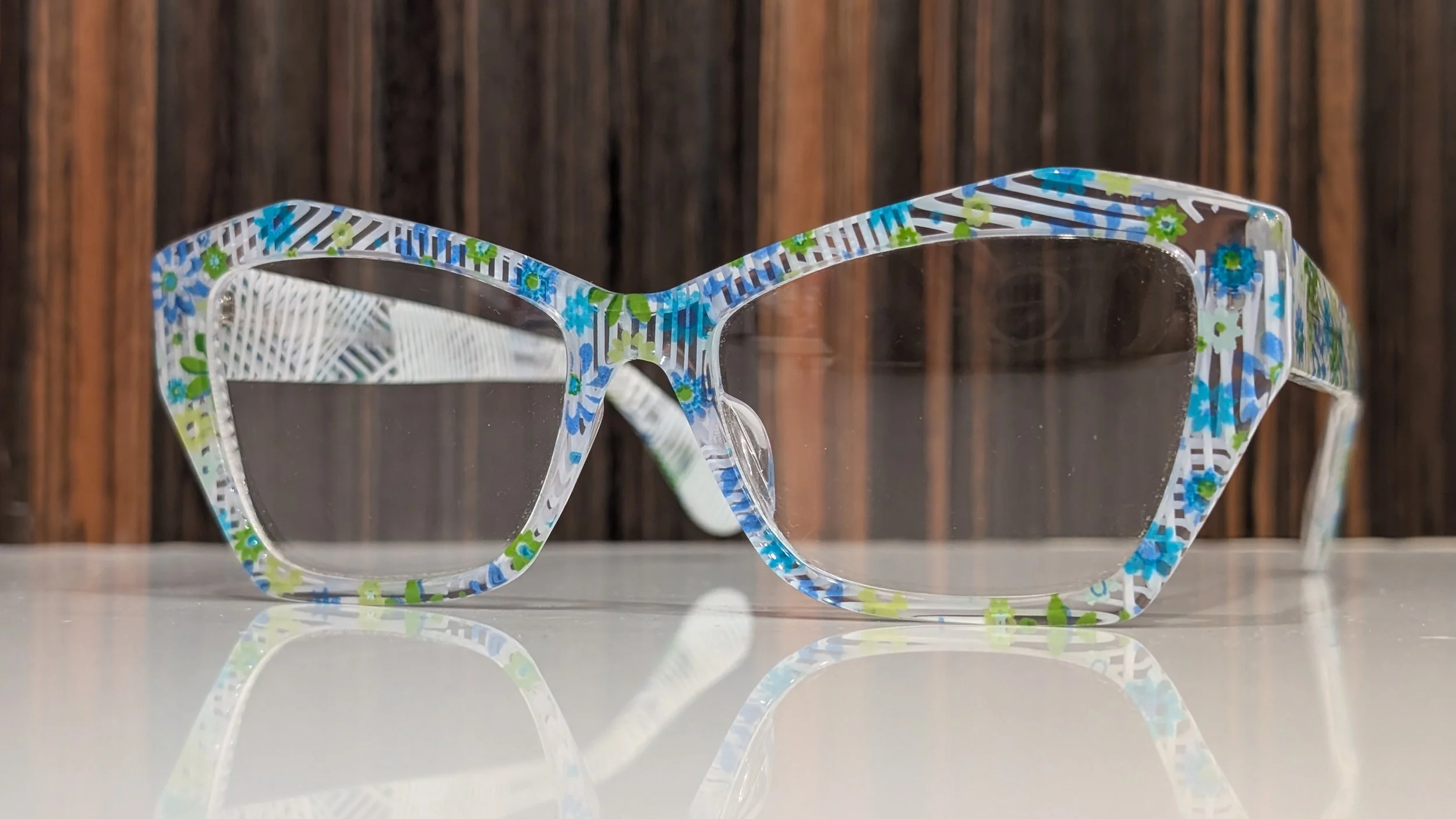 Roger Henley Bespoke Frame M808 in colour c521 clear with blue and green flowers and white stripes
