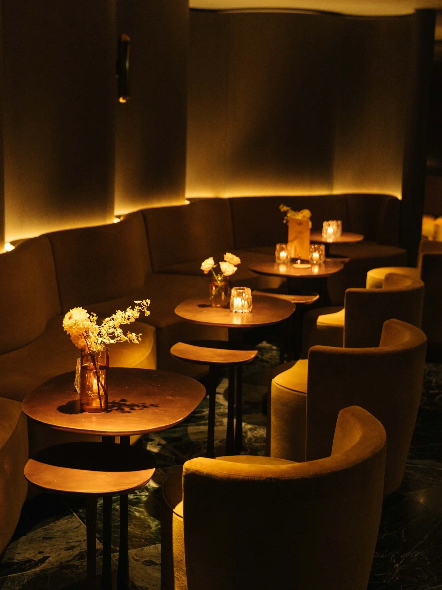 Club Vogue - mustard tones for the lounge seating to tie in with the florals and bespoke details we created