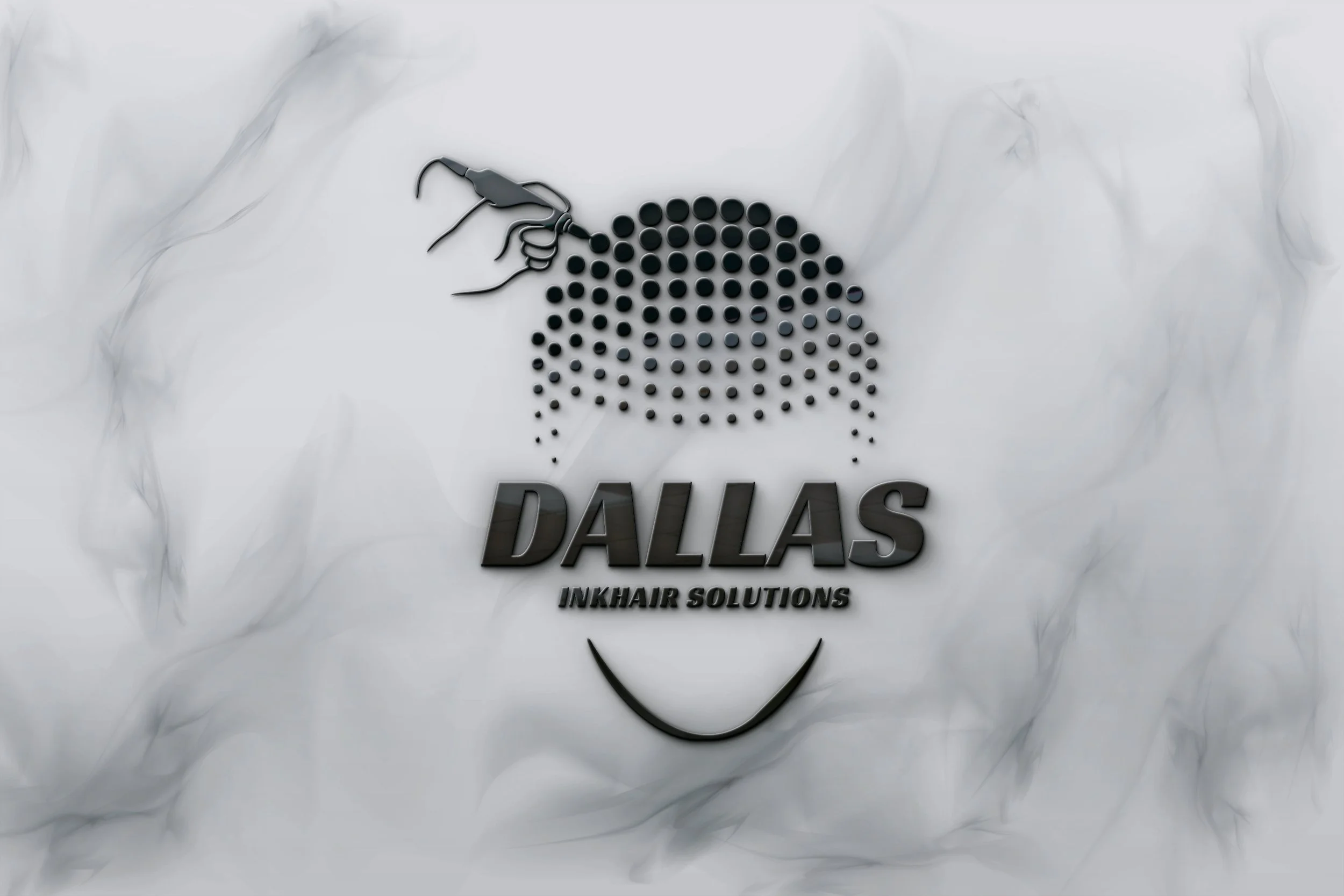 A wall sign for Dallas InkHair Solutions featuring a stylized hair follicle and a spray bottle, with a curved line resembling a smile underneath.