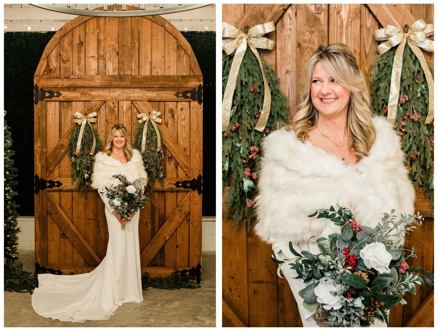 winter bride with large door backdrop in barn