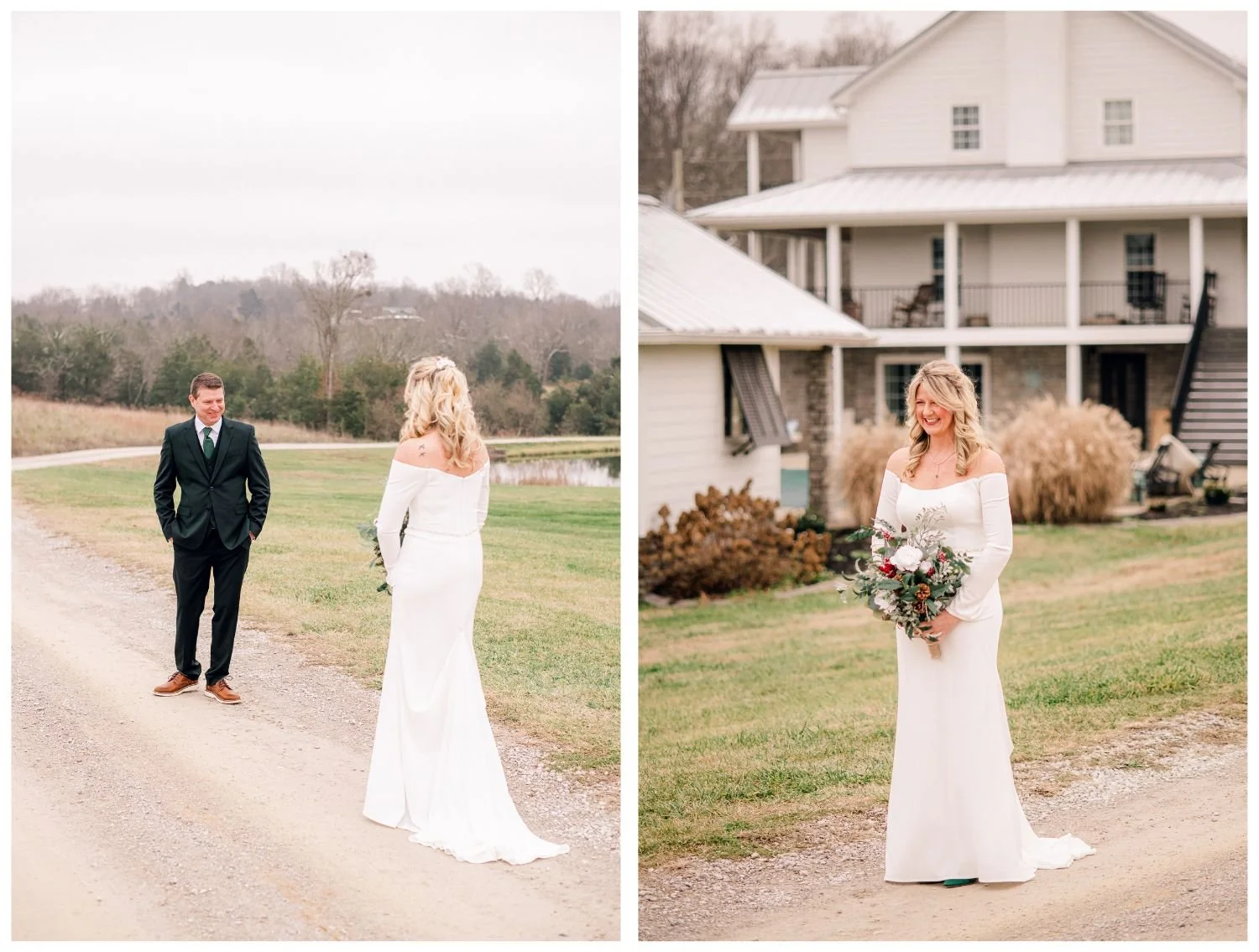 first look outdoors for winter wedding at the della mae luxury weddings and events venue