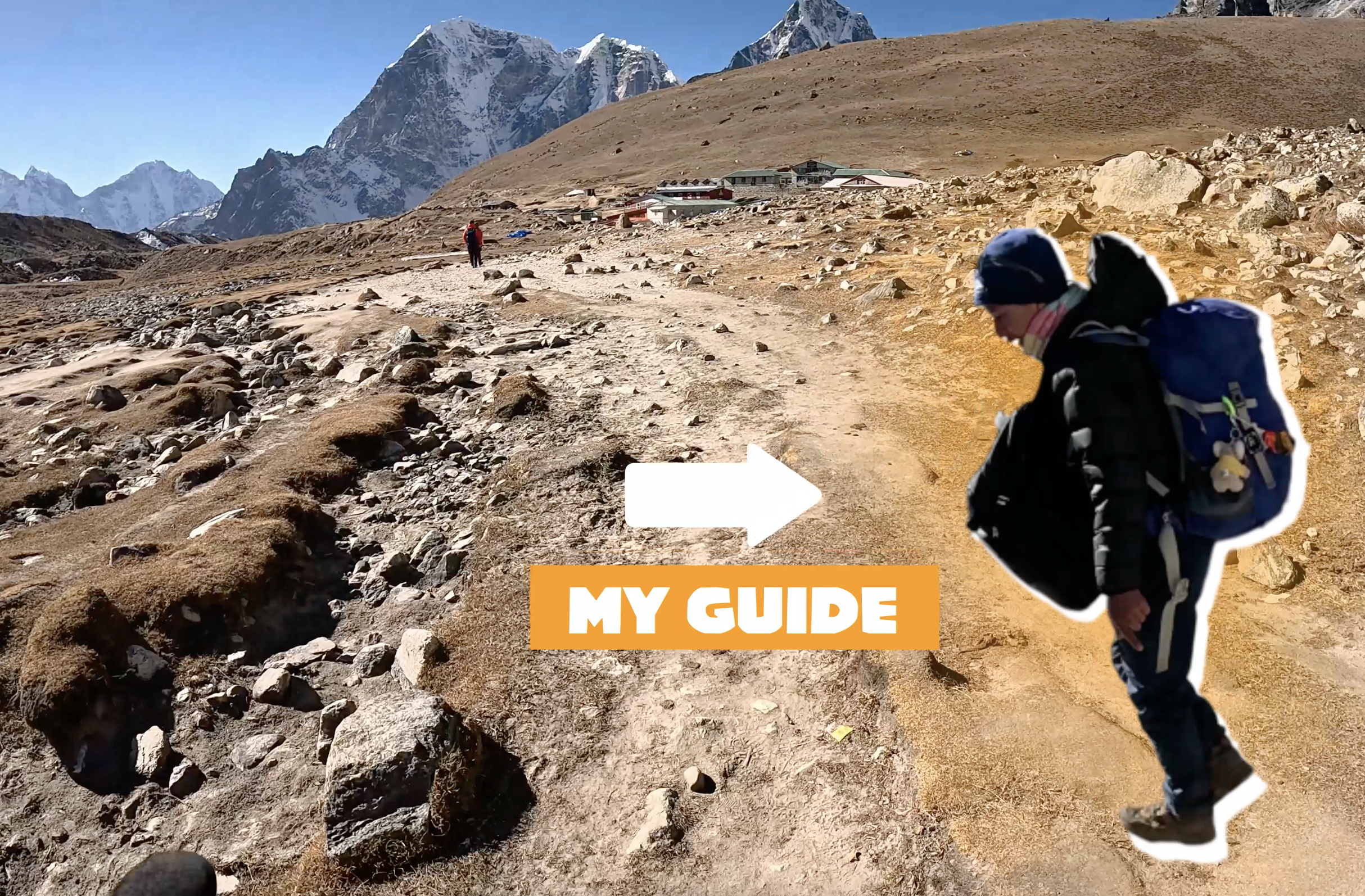Emotional moment of guide carrying extra gear during altitude sickness on Everest trek.