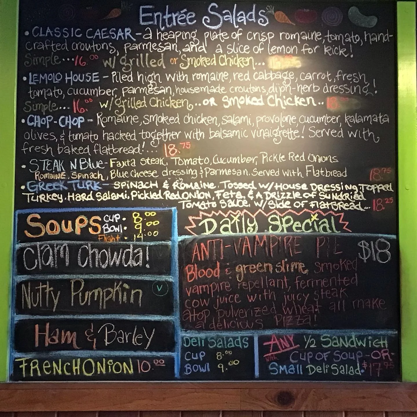 Happy Halloween! 🎃 

Anti Vamp Pie with blood &amp; green slime, smoked vampire repellant, fermented cow juice with juicy steak atop pulverized wheat all make a delicious pizza! 

[red sauce &amp; pesto, smoked garlic, mozzarella &amp; steak!]

Come