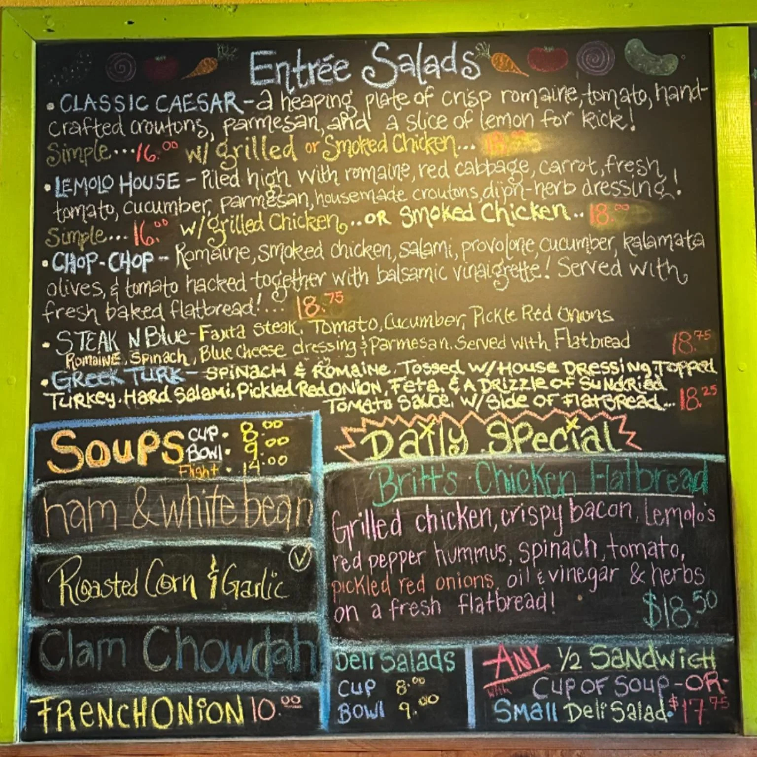 Britt&rsquo;s Chicken Flatbread on special today!

Soups:
Ham &amp; White Bean
Roasted Corn &amp; Garlic
Clam Chowdah 
French Onion

Yum! 
#eatwellbehappy #lemolocafeanddeli