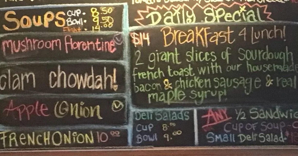 Yum! Breakfast 4 Lunch! 2 slices of Housemade sourdough French toast and 2 slices of our Housemade bacon with chicken sausage and real mayo,e syrup 🤤🥓🍴

Soups:
Mushroom Florentine 🍄 
Clam Chowder 🥣 
Apple Onion 🍎
French Onion 🧅

Open til 6! Ca