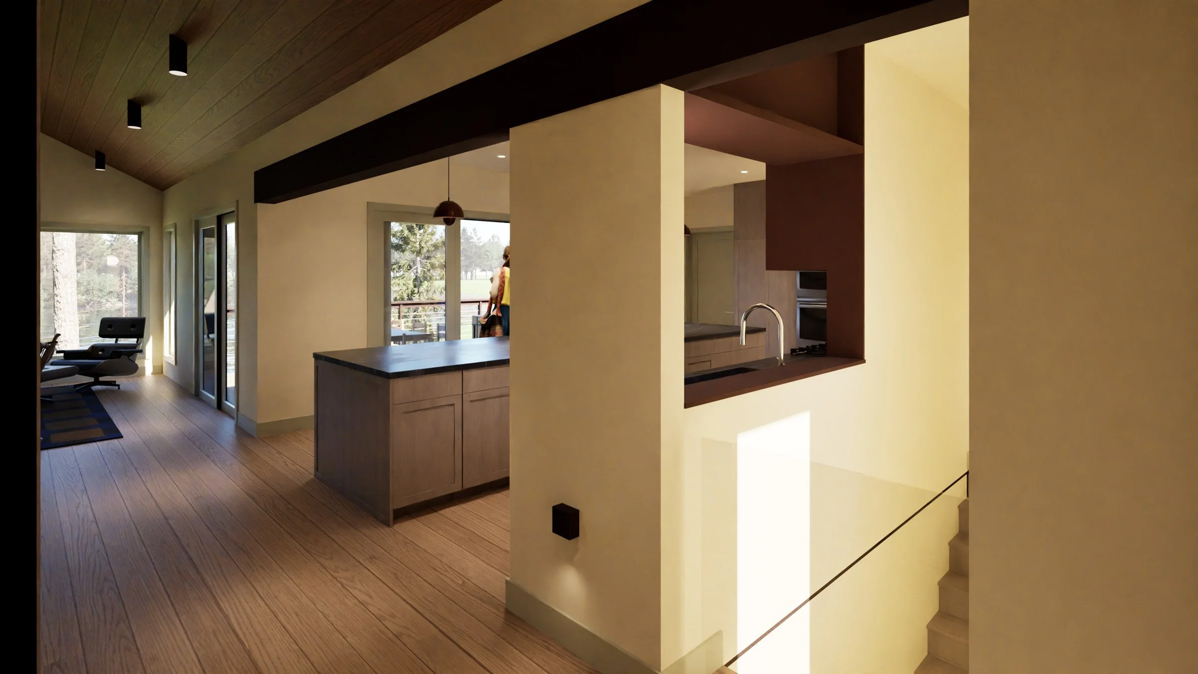 Interior view of a modern house with wooden floors and ceiling, featuring a kitchen with a countertop and sink, a living area with recliner chairs, and large windows with a view of trees outside.