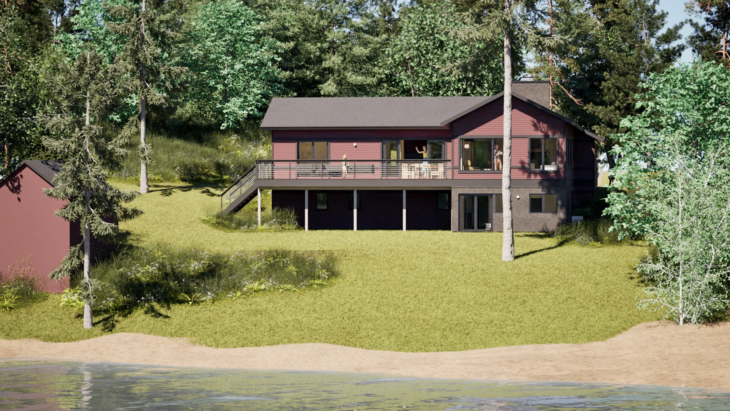 A modern house with a dark red exterior, large windows, and a balcony, surrounded by green trees and grass, in a new construction cabin / lake house in the Brainerd Lakes Area MN.