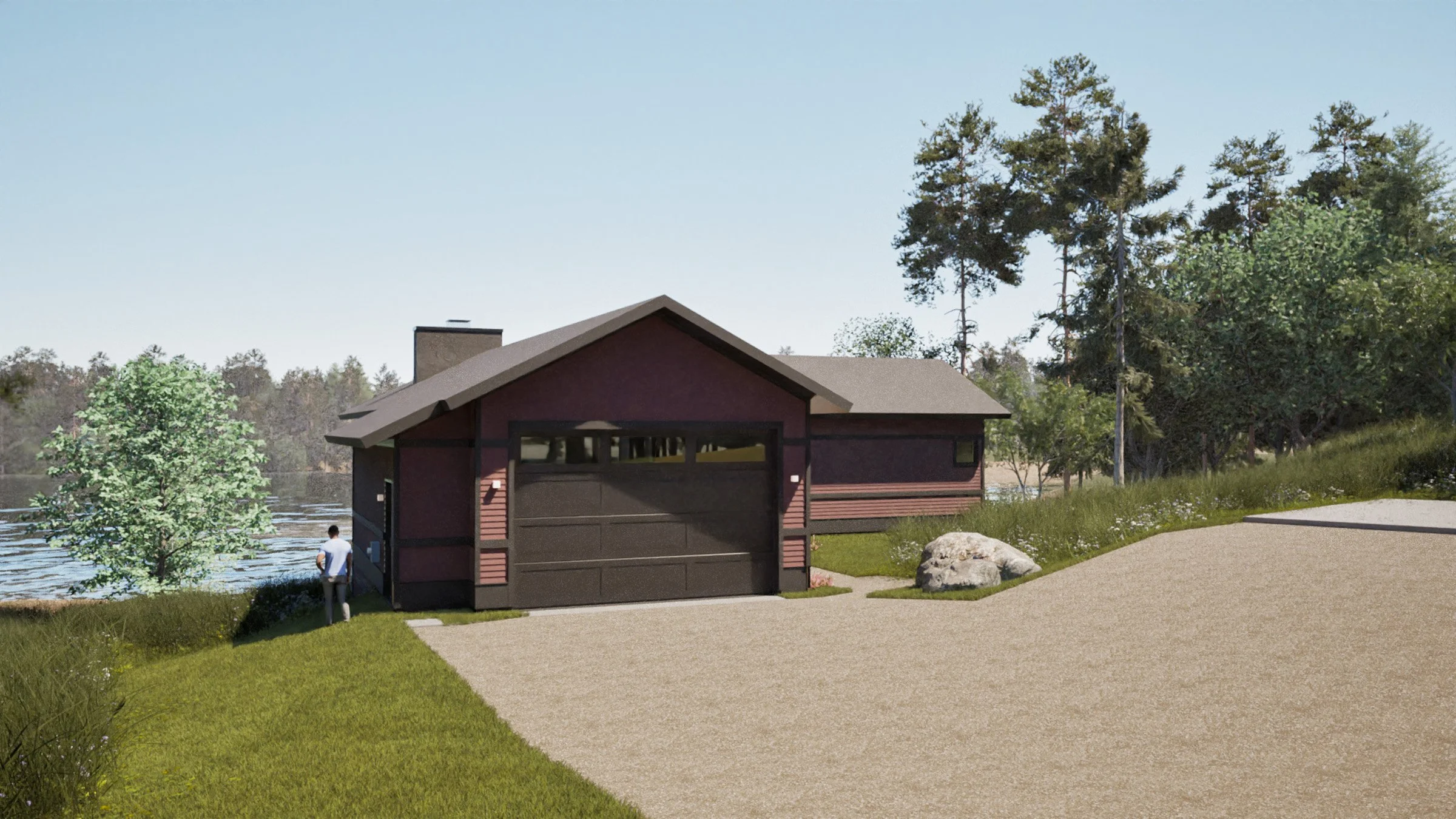 A lakeside scene with a red house, surrounded by trees and greenery, with a gravel driveway in the foreground in a new construction cabin / lake house in the Brainerd Lakes Area MN.