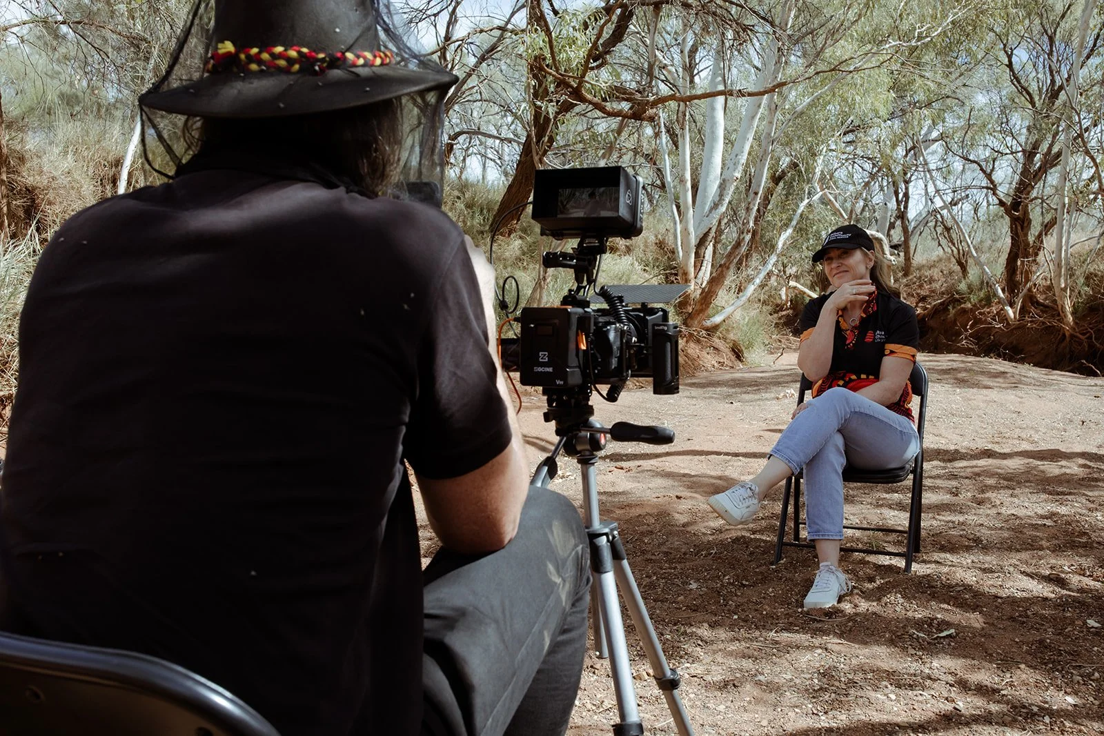 Filming an interview in Jigalong, seen from behind the camera