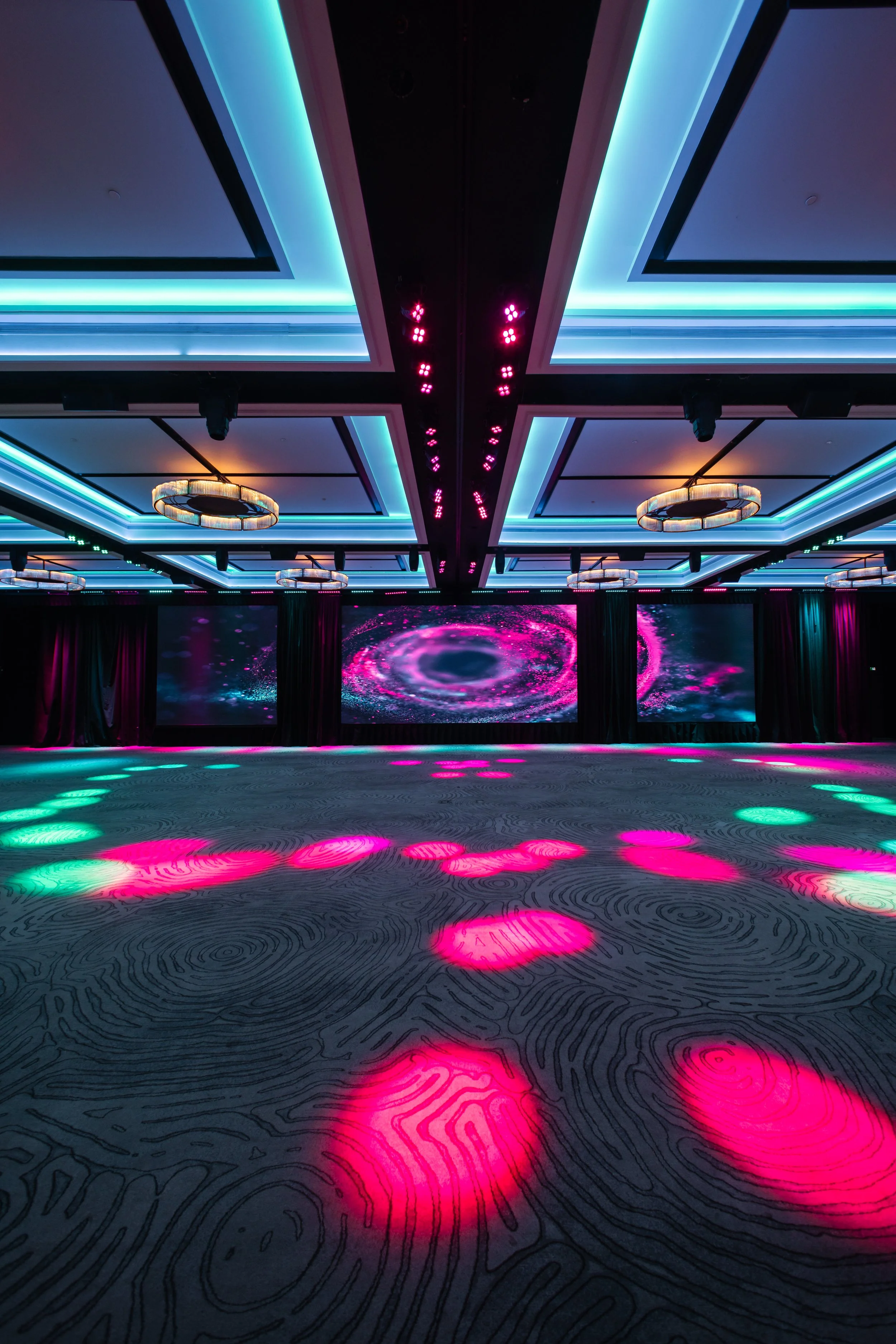 The Grand Ballroom at Four Seasons Hotel Sydney, with the LED screens and effects lighting running