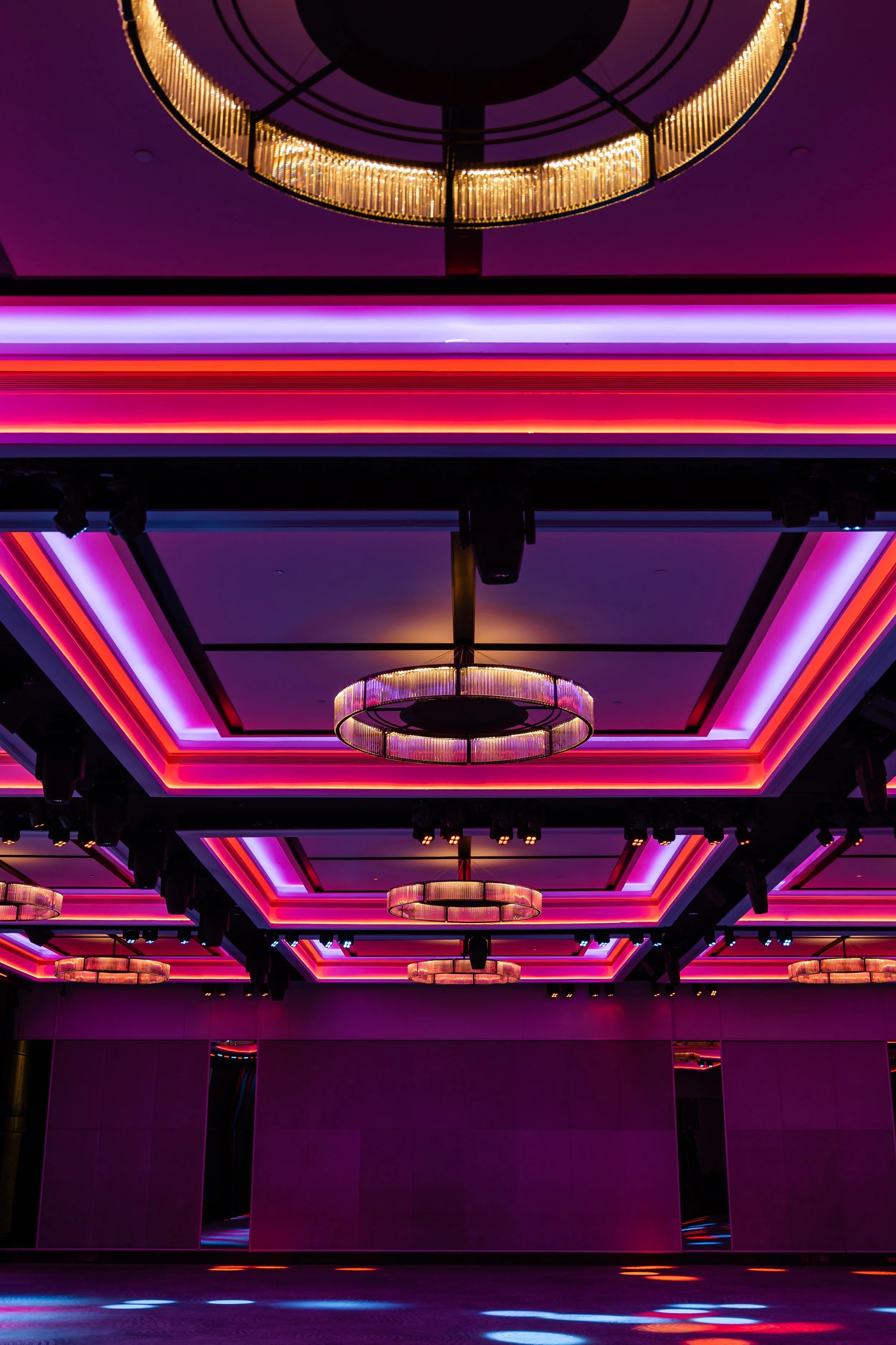The lit ceiling and chandelier in the Grand Ballroom at Four Seasons Hotel Sydney