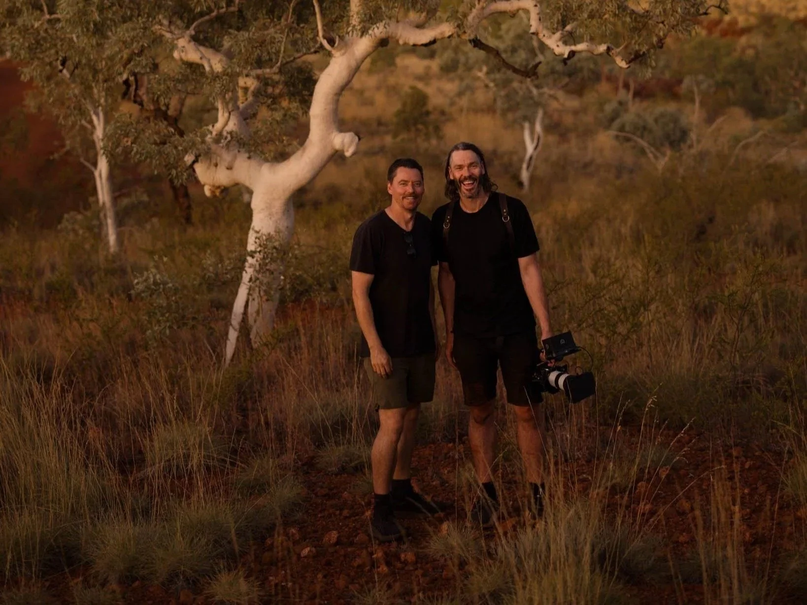 Scott Lahiff and Luke Gemmill beside a white gum in the Pilbara
