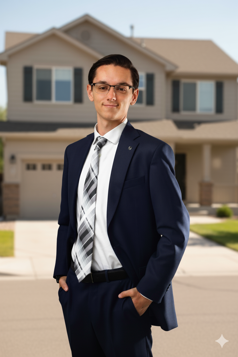 A young man in a navy suit, white shirt, and patterned tie standing in front of a suburban house, smiling and with hands in his pockets.