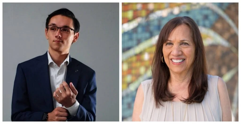 Split image with Christian Seale candidate for el paso county commissioner district 5 on the left, and yolanda avila on the right in front of a colorful background.