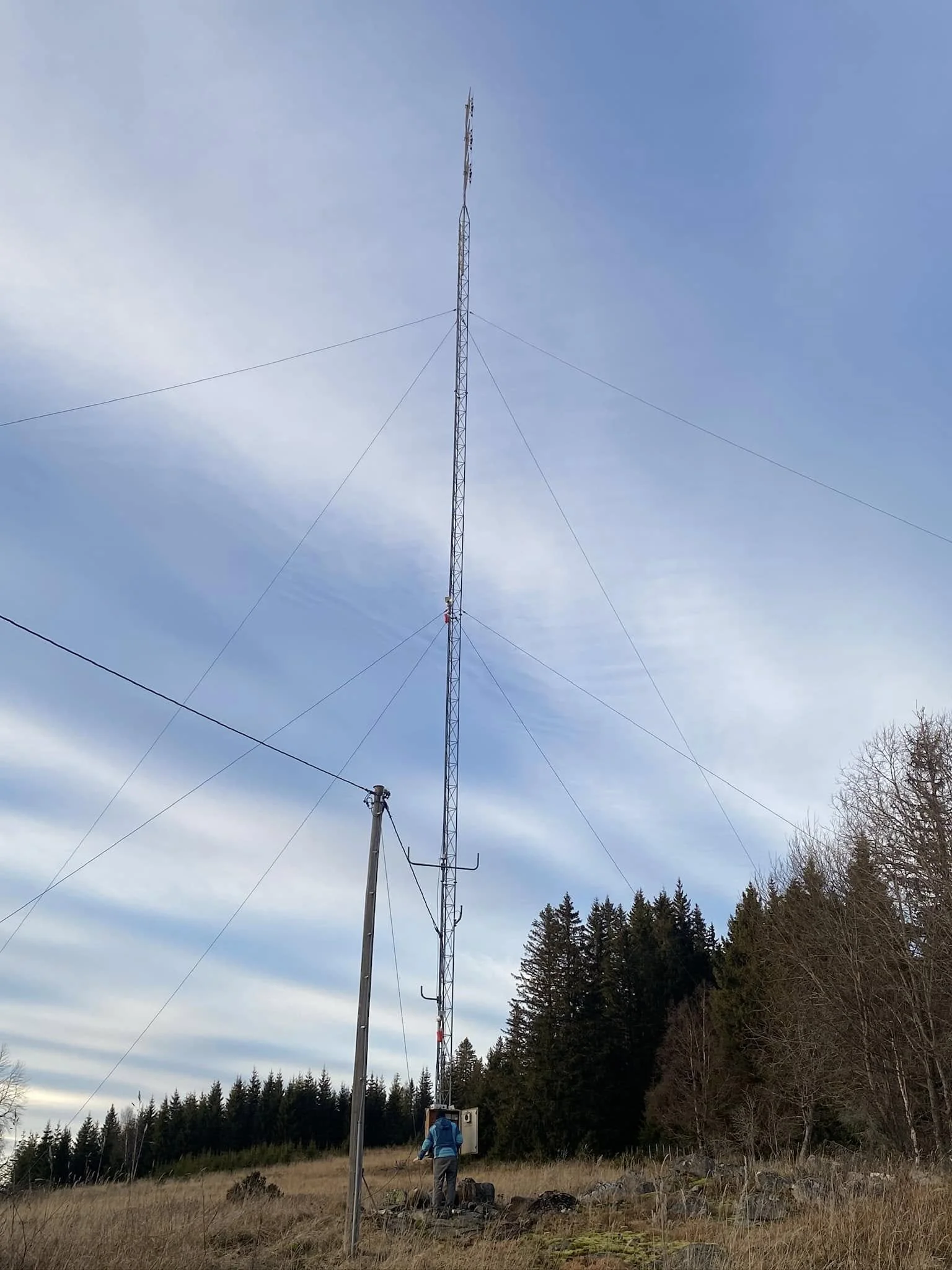 Work near an outdoor radio or communication tower in a grassy field with trees in the background.