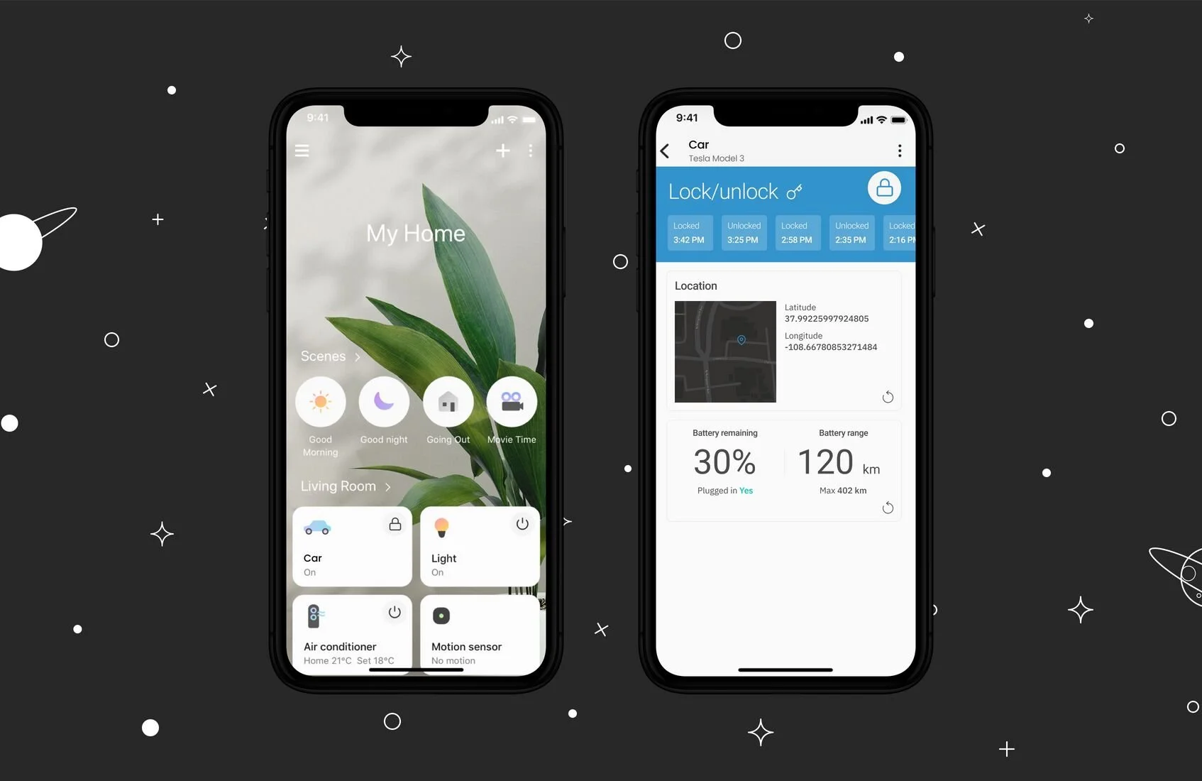 Zwei Smartphones mit Smart-Home-Apps, eine zeigt die Steuerung verschiedener Geräte im Wohnzimmer, die andere zeigt den Status eines Autos mit Standort und Batteriedaten, auf dunkelgrauem Hintergrund mit Stern- und Planetenmotiven