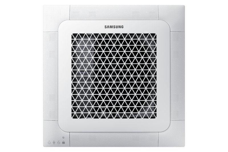 Ein weißer Samsung-Dealermodell mit einem luftfilterartigen Gitter, montiert an einer Wand.