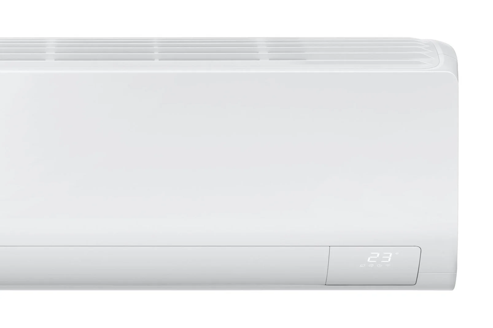 Weiße Klimaanlage mit digitaler Temperaturanzeige auf der rechten Seite, die 23°C zeigt.