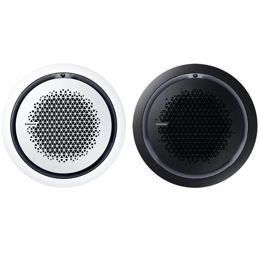 Zwei kabellose Lautsprecher, einer weiß und einer schwarz, von Samsung, seitlich blickend.