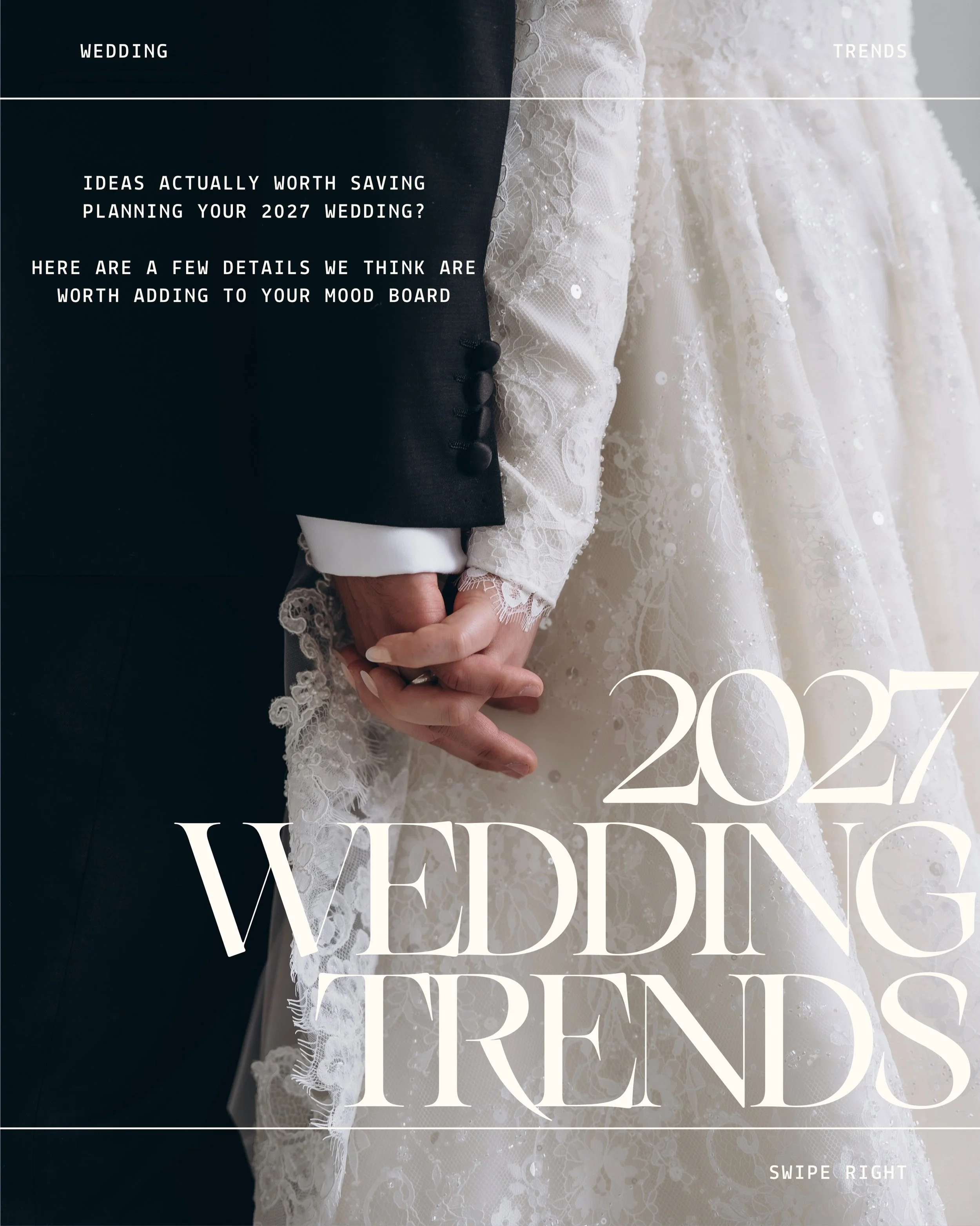 Wedding trends are fun - but you definitely don&rsquo;t need to rebuild your entire wedding around them.
A lot of what we&rsquo;re loving for 2027 is actually in the smaller details:
richer colour combinations, lace used in unexpected places, texture