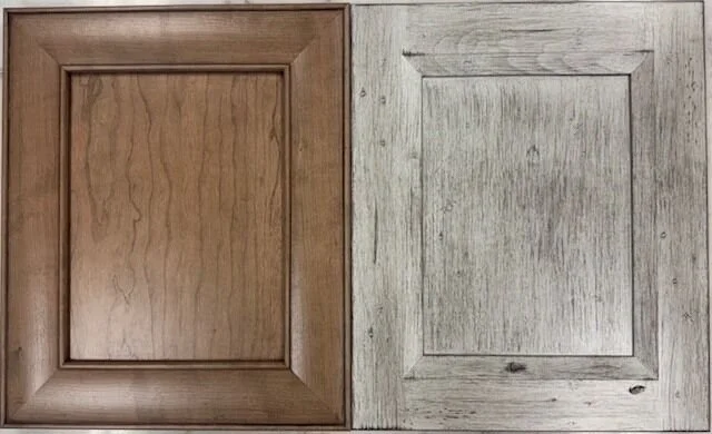 Cabinet finishes do not have to stop at standard paint and stain.

On the left is a cherry door with glaze and highlight, which adds depth, contrast, and a more furniture-style feel by emphasizing the profile and detail of the door. On the right is a