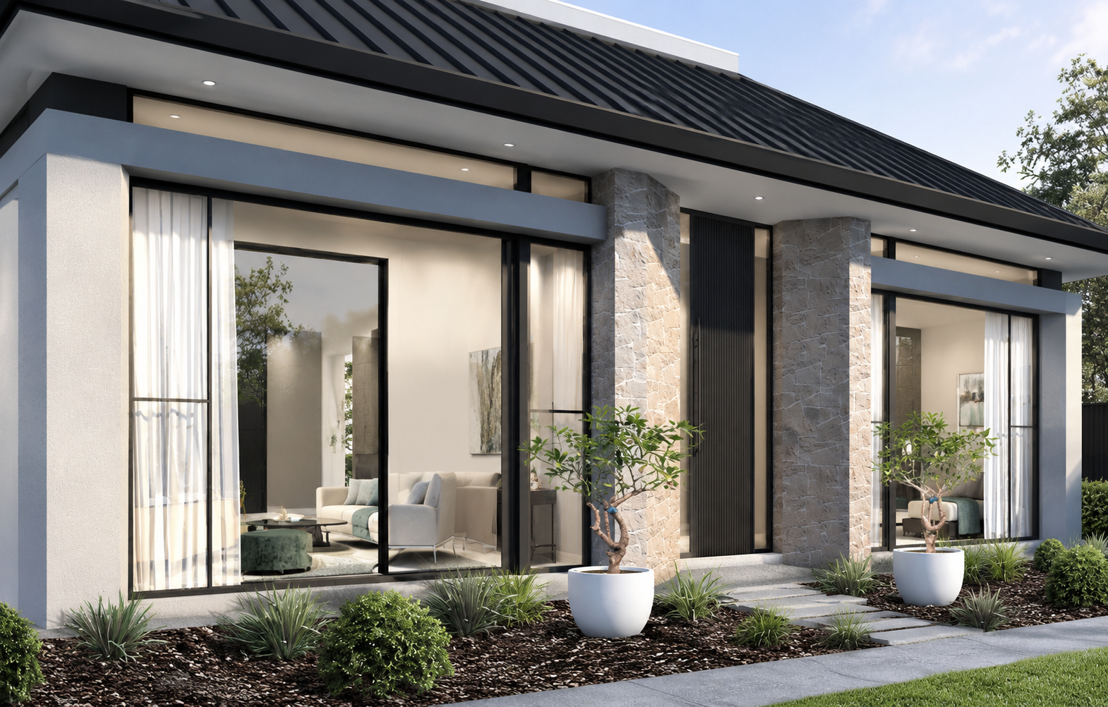 Modern house with large glass sliding doors, stone accents on exterior, and potted trees in a landscaped garden.