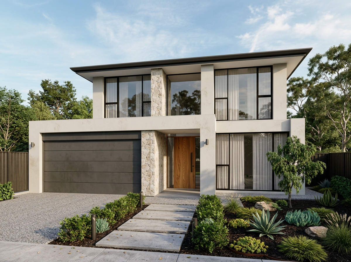 Modern two-story house with large glass windows, stone accents, and a wooden front door, surrounded by landscaped garden with drought-tolerant plants and a gravel driveway.