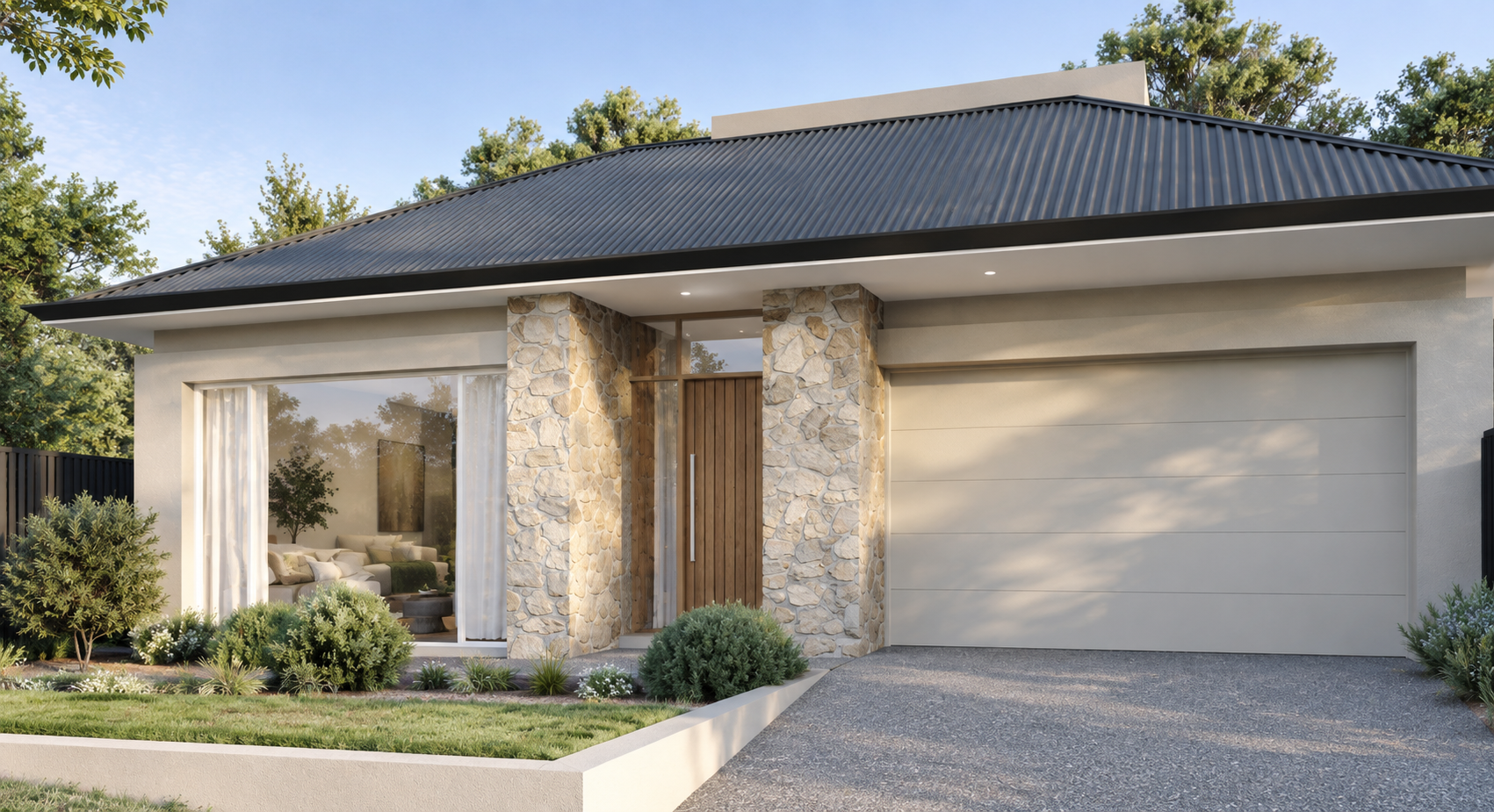 Modern house with stone columns, large glass window with curtains, wooden door, attached garage, and landscaped front yard with bushes and flower bed.