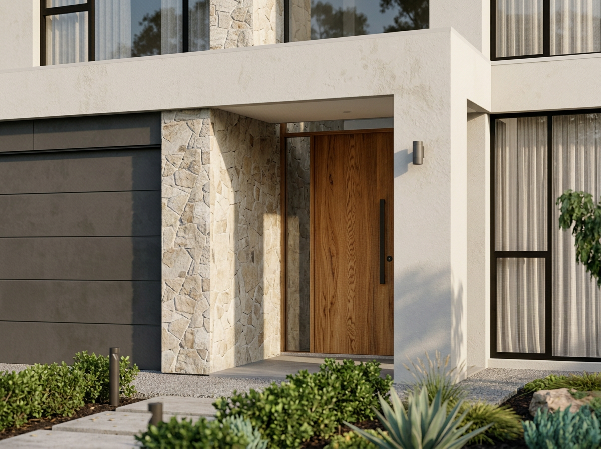 Modern house with a front door made of wood, surrounded by stone and white stucco walls, with landscaped plants in the foreground.