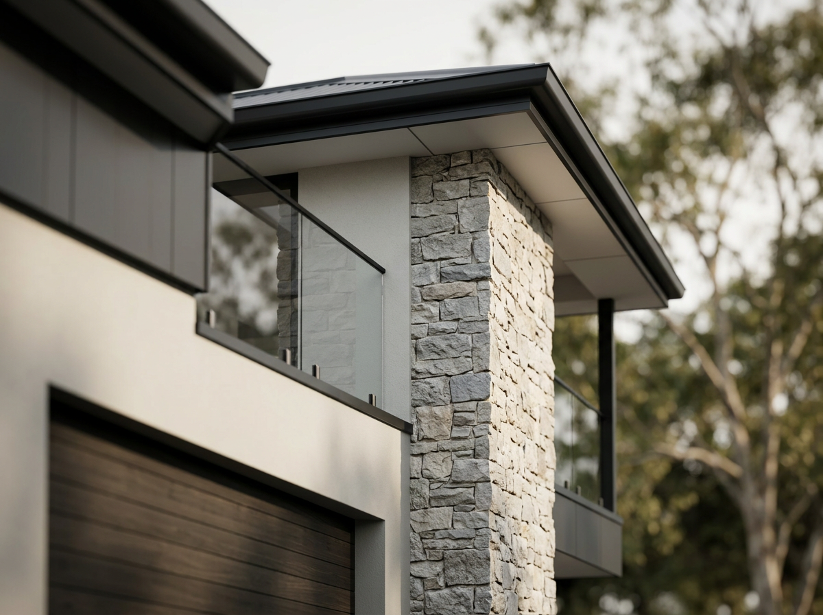 Close-up view of a modern house facade showcasing stone, metal, and glass elements, with a partial view of a garage door and balcony.