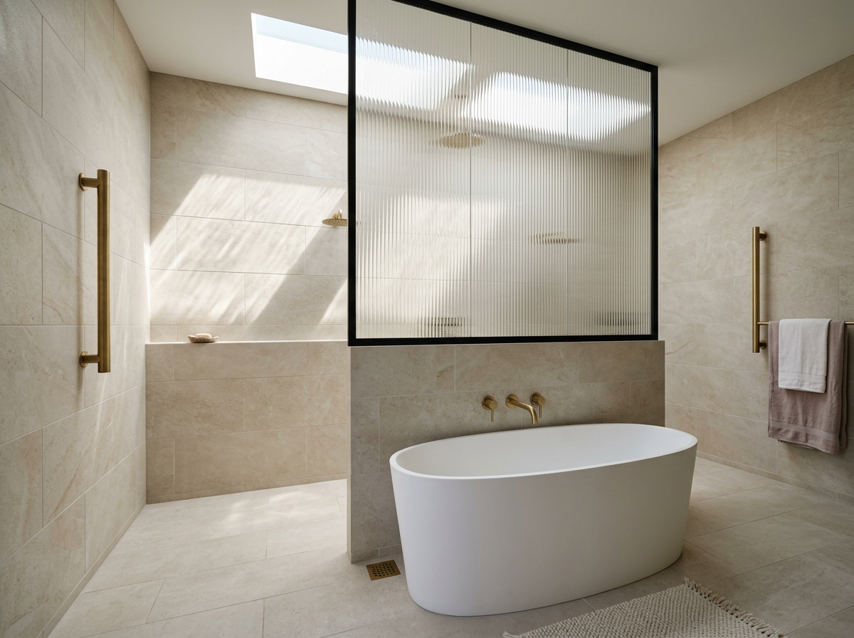 Modern bathroom with freestanding bathtub, beige tiled walls, gold fixtures, and a large frosted glass partition.