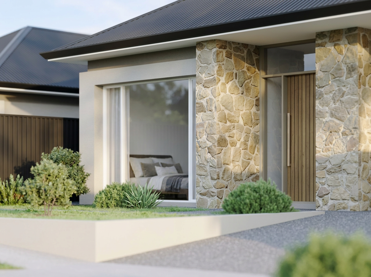 Modern house with stone and stucco exterior, large sliding glass door, wooden front door, and landscaping with bushes and grass.