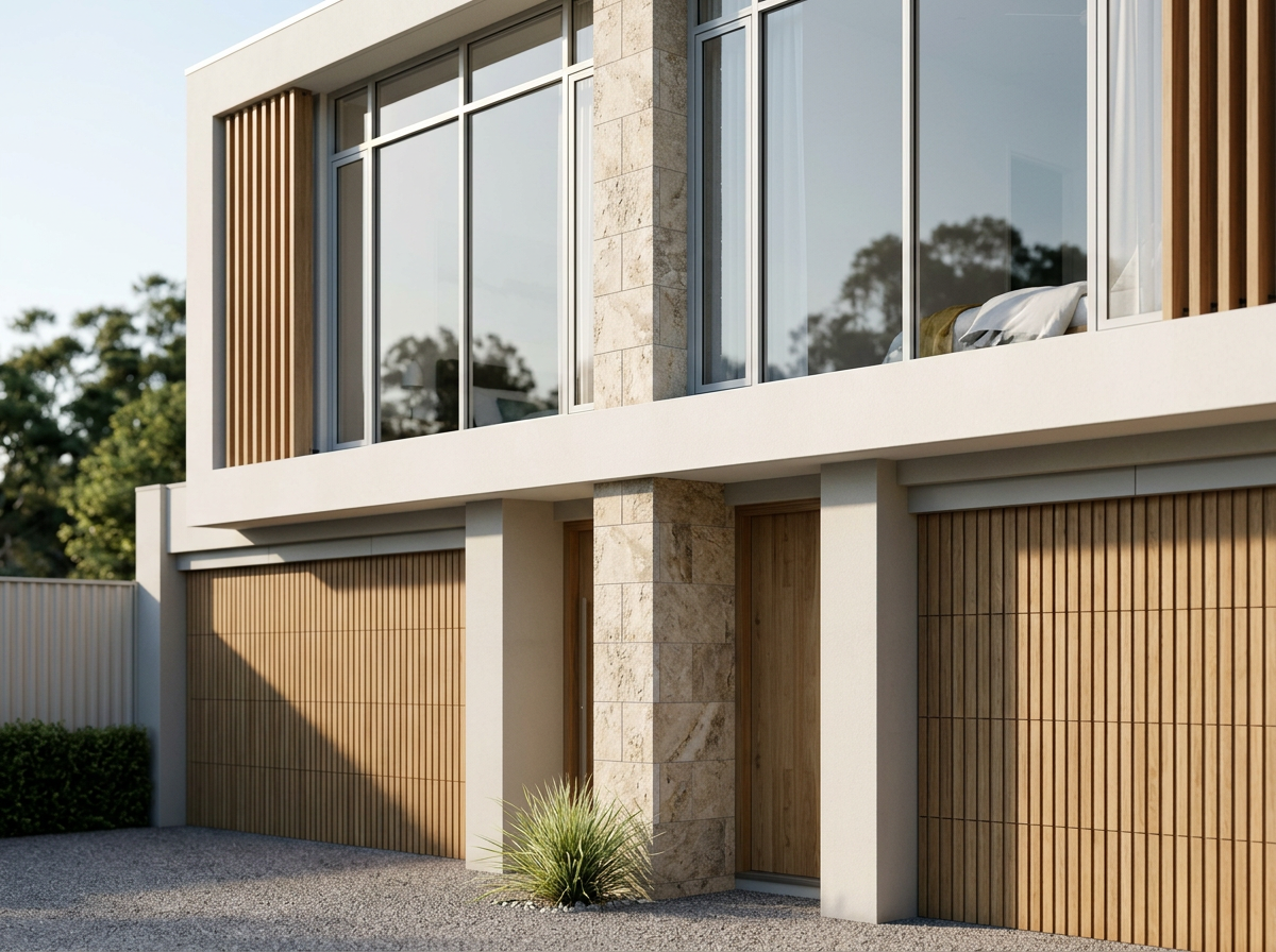 Modern house with large glass windows, wooden accents, stone columns, and a garage door, with small plants and gravel driveway.