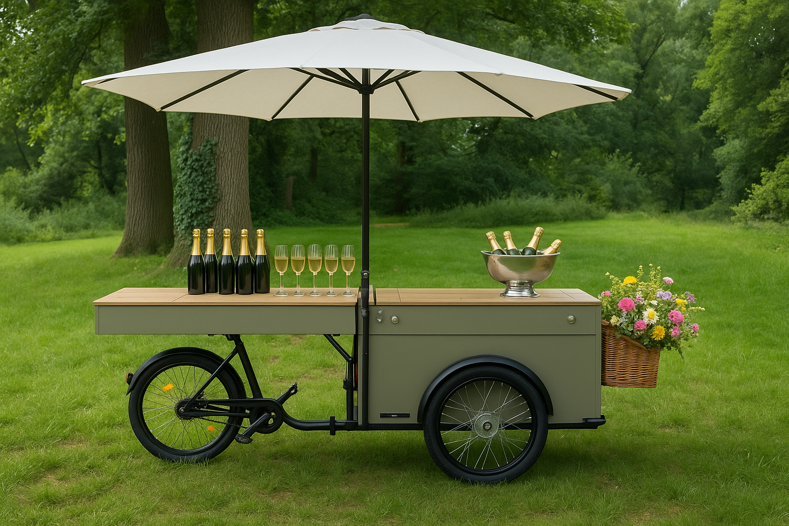 Mobiler Getränkestand mit Sektflaschen, Gläsern, einem Eisbecher mit Sektflaschen, bunten Blumen in einem Korb, auf einer grünen Wiese unter Bäumen, mit einem großen weißen Sonnenschirm.