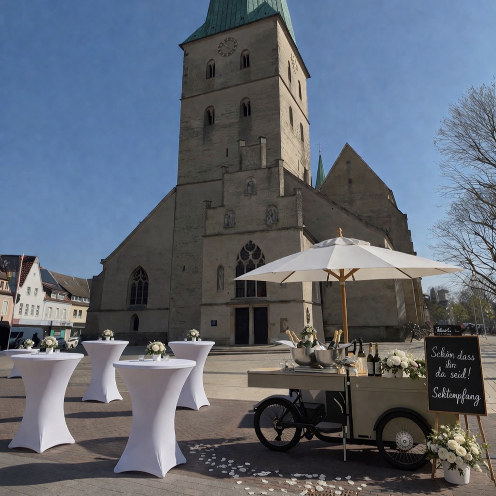 Eine Kirche im Vordergrund, davor stehen Tische mit weißen Tischtüchern und Blumen, und ein Bierzeltwagen mit Champagner und einem Schild, das auf eine Hochzeitsfeier hinweist.