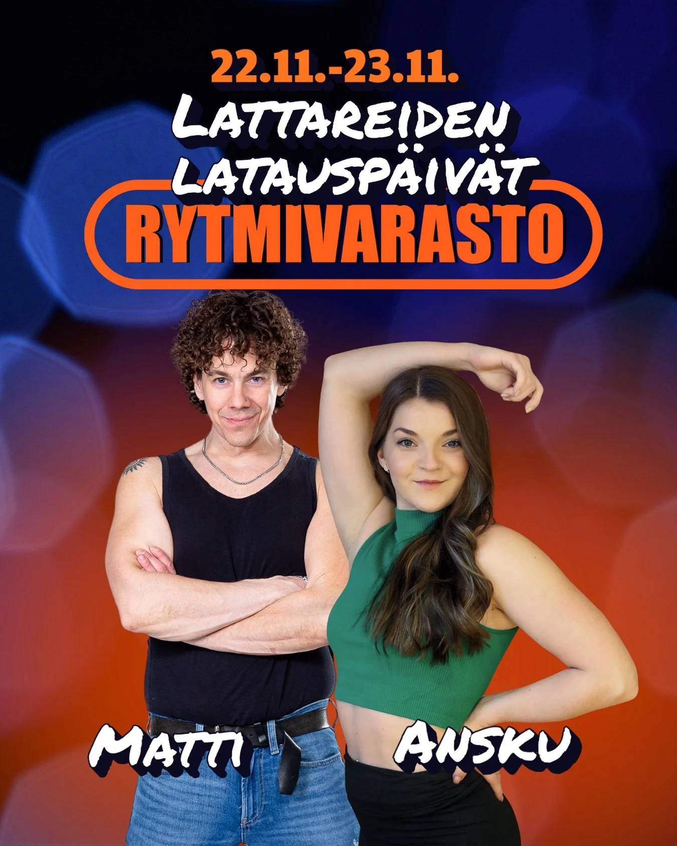 Lattareiden latausp&auml;iv&auml;t 22.- 23.11. Rytmivarastolla! 🕺✨💃

Lauantain starttip&auml;iv&auml;ss&auml; klo 12:00-15:30 (3 x 55 min) opetellaan lattareiden perusteet sambasta jiveen Matin opetuksessa. Aiempaa tanssikokemusta ei tarvita. T&aum