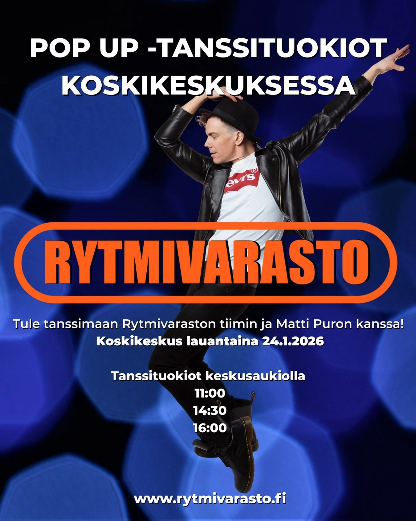 Tule moikkaamaan meit&auml; Koskikeskukseen ja osallistu Matin ohjaamiin tanssituokioihin lauantaina 24.1. klo 11, 14:30 ja 16. Tule paikalle nauttimaan tanssin ilosta ja anna rytmin vied&auml;! 

Paikan p&auml;&auml;ll&auml; sinulla on mahdollisuus 