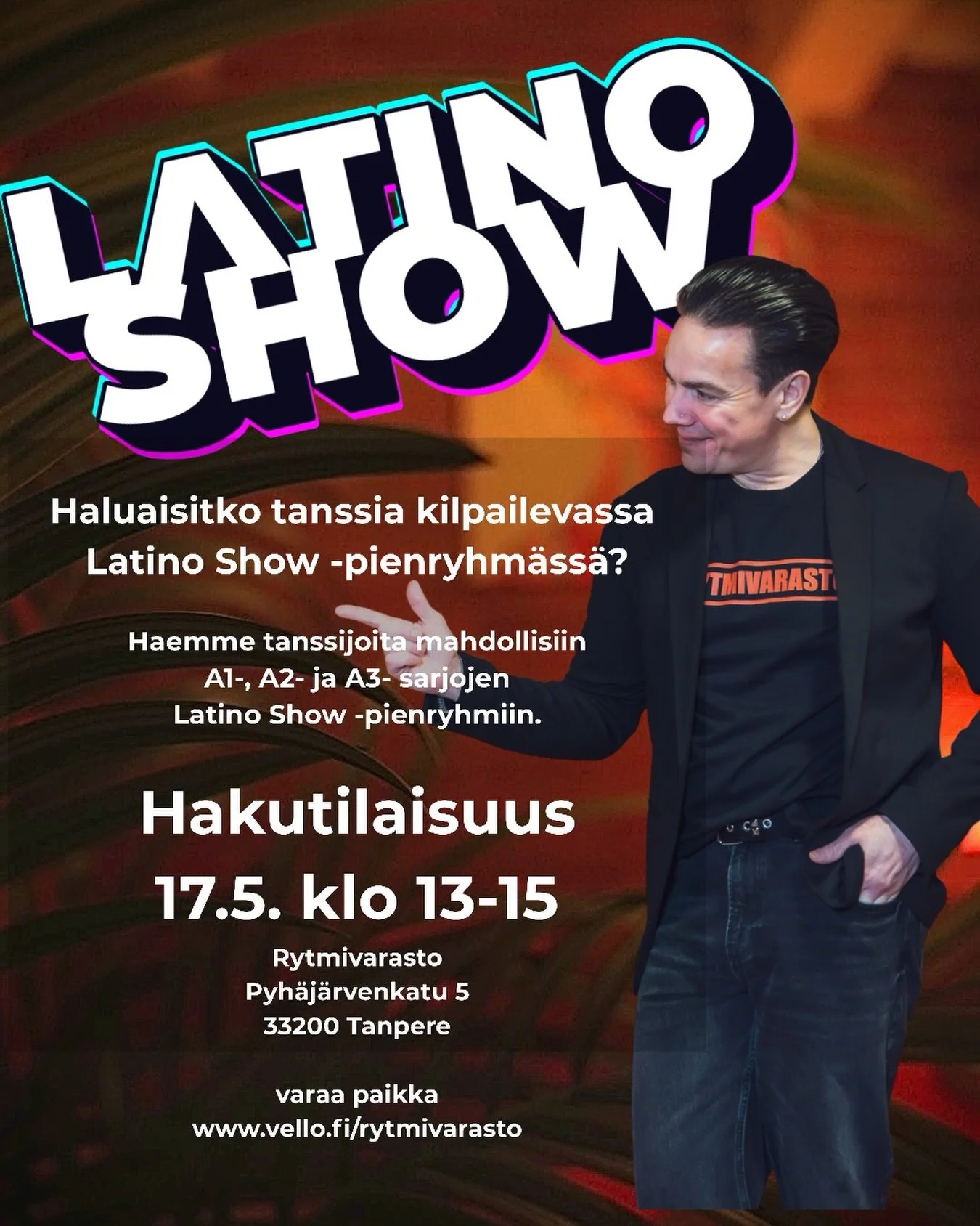 Haluaisitko tanssia kilpailevassa Latino Show -pienryhm&auml;ss&auml;?

Rytmivarasto j&auml;rjest&auml;&auml; hakutilaisuuden mahdollisiin aikuiset 1, aikuiset 2 ja aikuiset 3 -ik&auml;sarjojen Latino show -pienryhmiin.

T&auml;m&auml; on sinulle, jo
