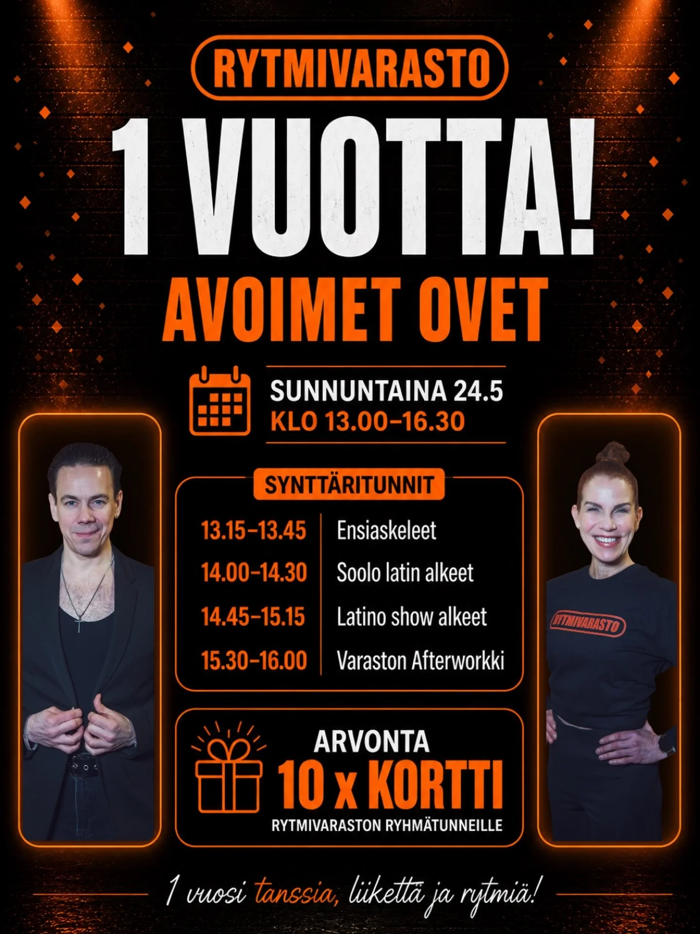 Rytmivarastolla juhlitaan 1-vuotissyntt&auml;reit&auml; avoimien ovien p&auml;iv&auml;ll&auml; sunnuntaina 24.5. ✨

P&auml;iv&auml;n tunnit ovat maksuttomia.

Aikataulu:

13.15-13.45 Ensiaskeleet soolo latin
14.00-14.30 Soolo latin alkeet
14.45-15.15