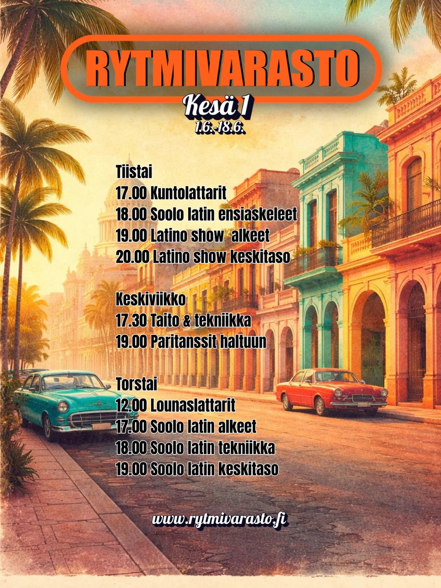 Rytmivarastolla tanssitaan kes&auml;ll&auml;kin! 💃

Kes&auml; 1. lukuj&auml;rjestys on voimassa 1.6.-18.6.2026.
Kes&auml; 2. 13.7. alkaen (julkaistaan my&ouml;hemmin) 

Tervetuloa tanssimaan Rytmivarastolle! 🕺