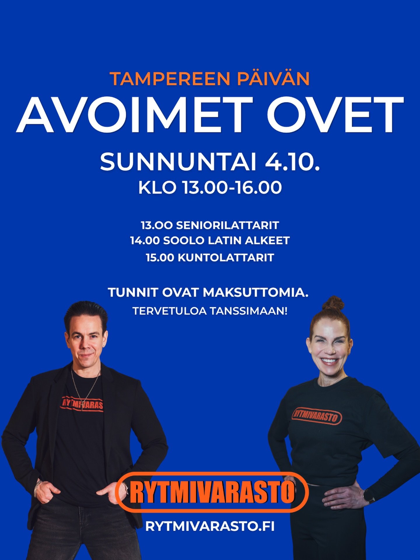 Rytmivarastolla tanssitaan Tampereen p&auml;iv&auml;n&auml; 4.10.!

Tervetuloa tanssimaan Rytmivarastolle sunnuntaina 4.10. Tampereen p&auml;iv&auml;n kunniaksi. P&auml;iv&auml;n aikana j&auml;rjest&auml;mme kolme maksutonta 40 minuutin kokeilutuntia