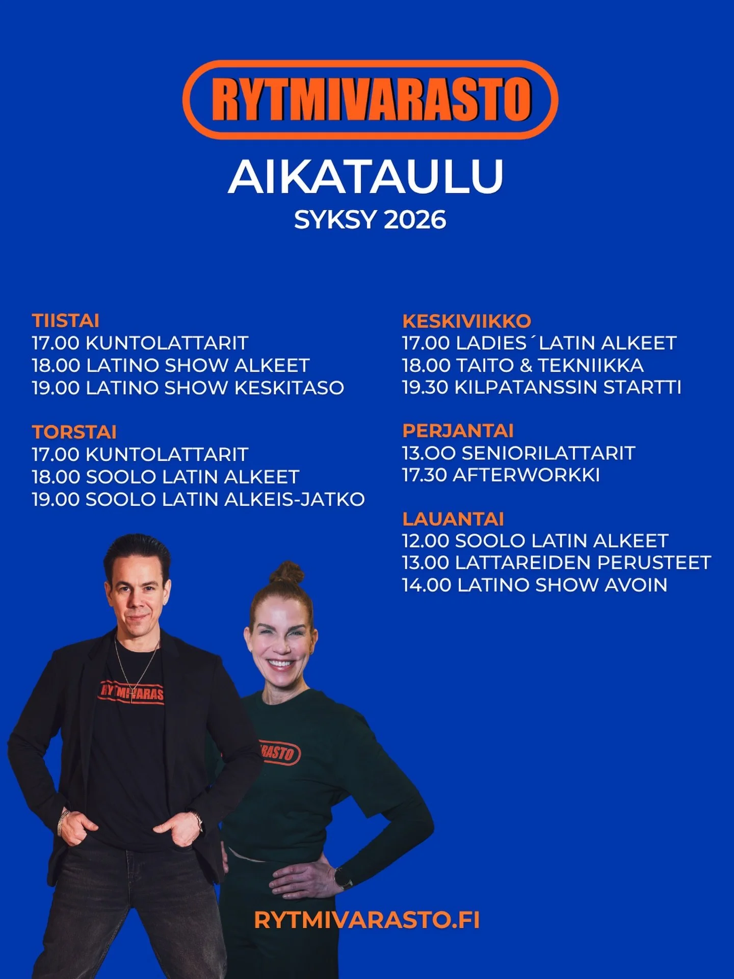 Syksyn aikataulu 5.10. alkaen ✨🕺

Torstaisin tunnit starttaavat jo klo 17.00:
💪17.00 Kuntolattarit
💃18.00 Soolo Latin Alkeet
💃19.00 Soolo Latin Alkeis-jatko

Voit tulla tunneille mukaan my&ouml;s kesken kauden. Kaikki tuntimme ovat soolotunteja. 